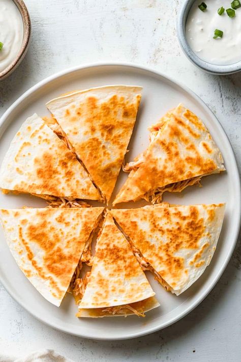 This buffalo chicken quesadilla is so full of flavor and spice! It's cheesy, satisfying, and guaranteed to please! Cheesy Buffalo Chicken, Buffalo Chicken Sauce, Buffalo Chicken Quesadilla, Cooking Chicken To Shred, Mexican Cheese, Chicken Quesadillas, Buffalo Sauce, Cheese Lover, Quesadillas