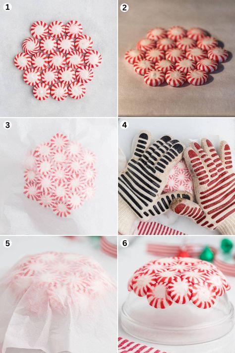 Making a peppermint candy bowl: arrange mints in a circle, heat until melted, mold over an upside-down bowl, and cool until set. Peppermint Candy Bowls, Peppermint Bowls Diy, Peppermint Bowls, Peppermint Bowl, Peppermint Candy Crafts, Peppermint Candy Bowl, Diy Bowl, Hosting Christmas, Candy Crafts