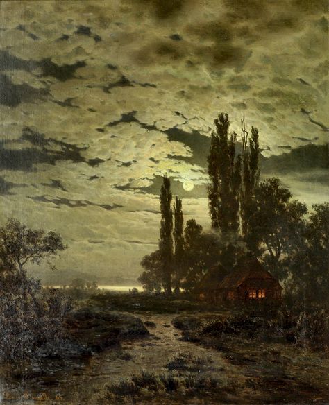 Moonlit Landscape, Moonlight Painting, Night Landscape, Classic Paintings, Night Painting, Night Art, Classical Art, Moon Art, Art Plastique