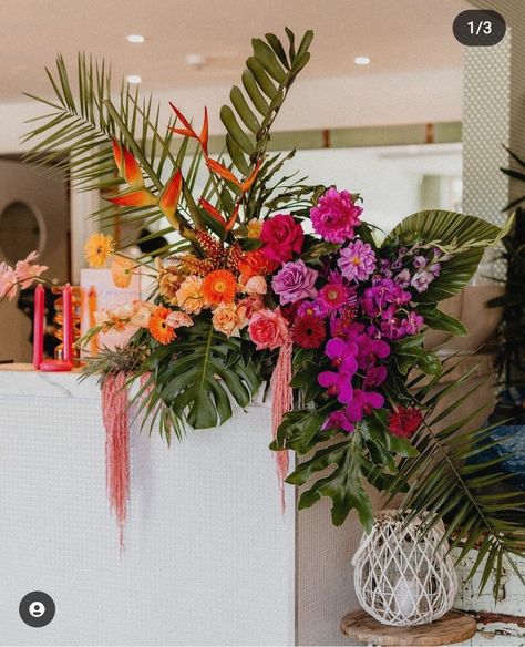 Tropical Themed Retirement Party, Tropical Bar Arrangement, Neon Tropical Wedding, Tropical Theme Corporate Event, Tropical Colors Wedding, Jungle Flower Arrangements, Tropical Wedding Arrangements, Tropical Florals Wedding, Tropical Table Scape