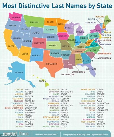 Did your last name make the cut? A map of the United States reveals what the most distinctive surnames are for each of the fifty states and the District of Columbia American Last Names, Melungeon People, Usa Facts, Usa Maps, Name Origins, History Timeline, United States Map, Last Names, Usa Map