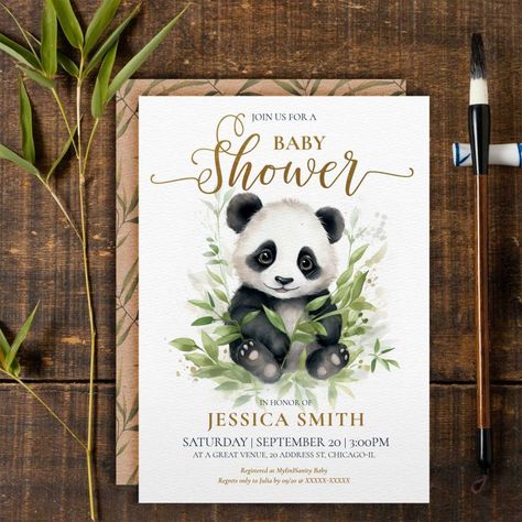 Panda Theme Baby Shower Ideas, Panda Baby Shower Theme, Panda Baby Shower Invitations, Panda Baby Showers, Panda Theme, Baby Boy Invitations, Panda Baby, Twins Baby Shower, Bamboo Leaves