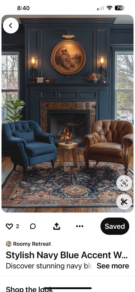 Dark Blue Moody Living Room, Blue Moody Living Room, Dark Blue Wall Living Room, Navy Blue Living Room Color Scheme, Moody Blue Living Room, Colonial Style Living Room, Traditional Mantle, Blue Living Room Color Scheme, Dark Academia Living Room