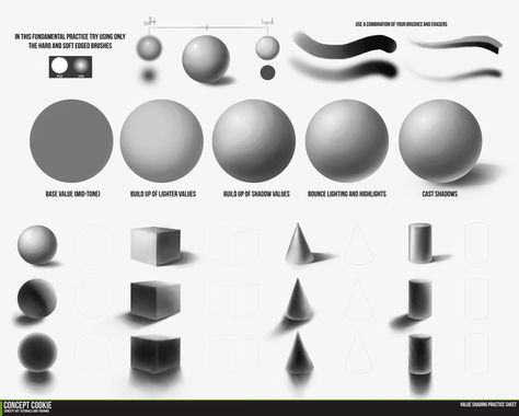 Fundamentals: Value Shading Demo by ConceptCookie on DeviantArt Value Shading, Value In Art, Light Colours, Basic Drawing, Principles Of Design, Digital Painting Tutorials, Basic Shapes, Digital Art Tutorial, Teaching Art