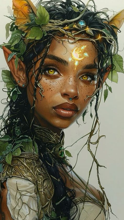 Black Fae Aesthetic, Fae Character Art, Black Druid, Dryad Aesthetic, Black Elf Woman, Dark Skinned Elf, Fae Woman, Fae Core, Dryad Art