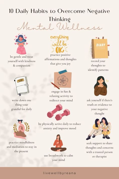 Here are 10 daily habits to help you overcome negative thinking to improve your mental wellnessLife can be challenging at times but taking care of your mental well-being can help build resilience and mental toughnessYou have the ability to change the way you think to change your life in a healthy and positive way to produce the results that you desiremental well-beingmental wellnessdaily habitsdaily self-careholistic wellnessmental healthhealthy habits mentalwellness mentalwellbeing healthylivi Daily Self Care Habits, Tips For Maintaining Mental Health, Tips To Improve Mental Health, Mental Wellness Tips, How To Improve Your Mental Health, How To Take Care Of Your Mental Health, Mental Health Habits, Wellness Check In, How To Improve Mental Health