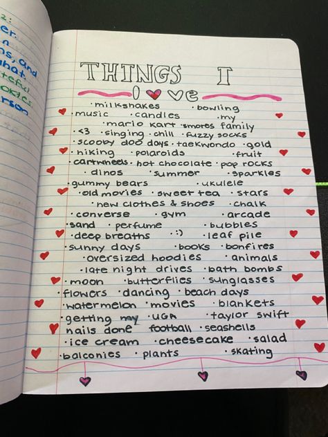 Things I Love Notebook, Things I Love List Journal, 10 Things I Love About Myself, Things To Put In A Notebook Ideas, Things That I Love Journal, Things I Love About You List, Journal Things I Love, I Love You Because List, Things I Love Journal Page