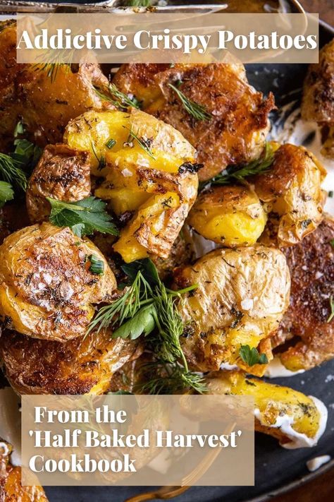 Try These Addictive Crispy Potatoes From the 'Half Baked Harvest' Cookbook #cookbookrecipes #halfbakedharvest #potatoes #crispypotatoes #chefrecipes https://parade.com/1344403/alison-ashton/half-baked-harvest-sour-cream-and-onion-potatoes/ Harvest Potatoes Recipe, Over Roasted Potatoes, Smashed Sweet Potatoes, Sour Cream Potatoes, Cooking Baked Potatoes, Tieghan Gerard, Half Baked Harvest Recipes, Crispy Smashed Potatoes, Potato Vegetable