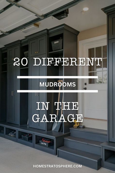 A sleek garage mudroom featuring dark cabinets with integrated storage and a built-in bench for easy organization. Garage Mudroom Ideas, Garage Lockers, Mudroom Ideas Diy, Garage Laundry Rooms, Mud Room Garage, Mudroom Cubbies, Functional Mudroom, Garage Closet, Mudroom Remodel