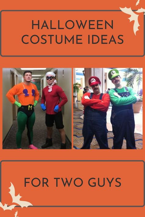 Halloween Costume Ideas for Two Guys - Picture of Two Men dressed as Mermaid Man and Barnacle Boy and a picture of two men dressed as Mario and Luigi Halloween Costume Ideas For Two, Halloween Costume For Two, Friend Costume Ideas Two, Best Friend Duos, Best Duo Costumes, Halloween Costumes For Two, Costumes For Two, Barnacle Boy, Best Friend Costumes