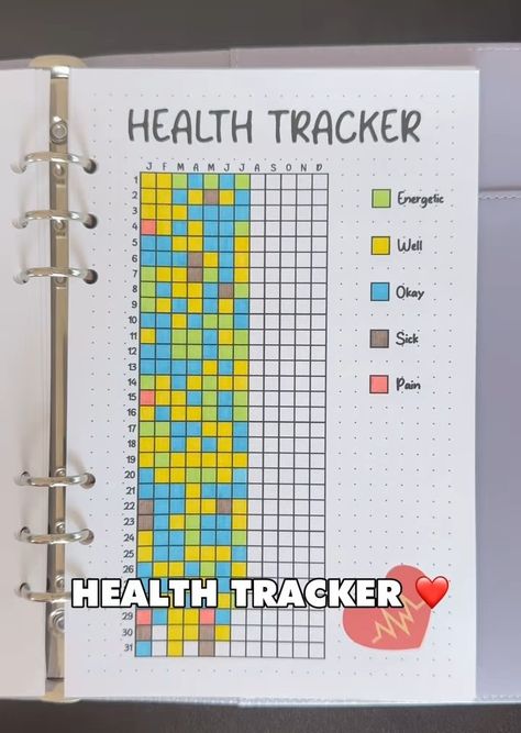 Health Log Bullet Journal, Bujo Health Tracker, Pain Tracker Bullet Journal, Bullet Journal Health Tracker, Health Tracker Bullet Journal, Journal Ideas Health, Daily Journal Ideas, Dot Journal Ideas, Bullet Journal Health