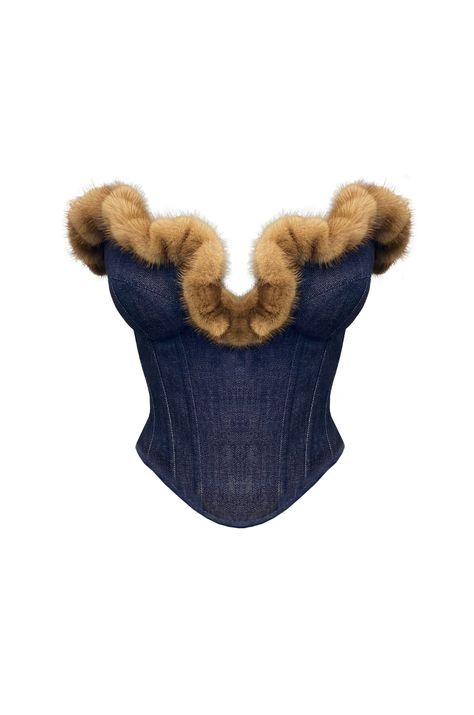 Main garment: Blue denim   Fastening: zip-up   Natural mink fur Denim Photoshoot, Silver Outfits, Strapless Ruffle Dress, Denim Corset Top, Fur Top, Camisole Bra, Denim Corset, Black Corset, Music Fashion