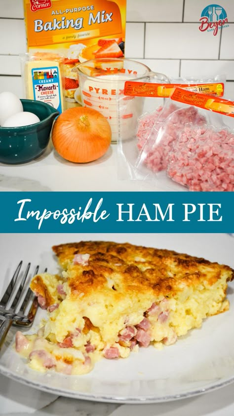 This impossible ham and swiss pie is the perfect breakfast casserole recipe. The pie is quick and easy and a crust that literally makes itself. Quiche Ham And Cheese, Ham And Cheese Pie Recipe, Ham And Swiss Pie, Impossible Taco Pie, Ham And Cheese Pie, Bisquick Impossible Quiche Recipe, Griddle Recipes Blackstone, Bisquick Inspired Recipes, Quiche Ham