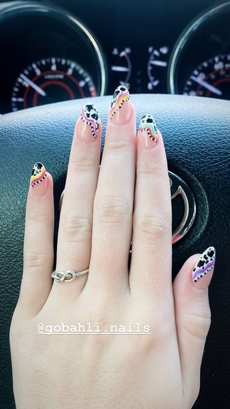 Western cow almond rainbow dot acrylic nails short Multi Colored Cow Print Nails, Rainbow Cow Nails, Summer Western Nail Ideas, Almond Country Nails, Summer Cow Print Nails, Country Thunder Nails, Western Easter Nails, Almond Nails Cow Print, Almond Nails Western