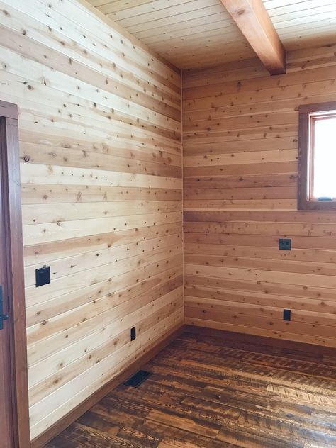 Vertical Pine Shiplap Wall, Hickory Wall Paneling, Cedar Siding Interior Walls, Natural Tongue And Groove Walls, Tongue And Groove Walls Rustic, Cedar Feature Wall, Flooring With Cedar Walls, Wooden Interior Walls, Cedar Room Ideas