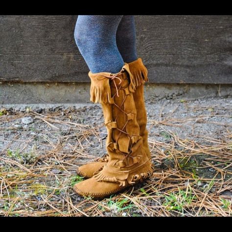 Leather knee high moccasin boots with fringe Knee High Moccasins, Boots With Fringe, Half Chaps, Moccasin Boots, After Pregnancy, Ll Bean Boot, Brand Tags, Moccasins, Knee High