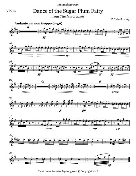 Violin sheet music for Dance of the Sugar Plum Fairy by Tchaikovsky with backing tracks to play along. Free Flute Sheet Music, Violin Notes, Flute Notes, Recorder Sheet Music, Free Violin Sheet Music, Viola Music, Sheet Music With Letters, Piano Easy, Fiddle Music