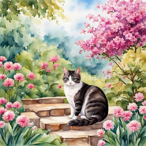 Hand draw watercolor landscape cat in the garden by Alexandra Petrova - Playground Cat Landscape Painting, Cat In The Garden, Cats And Flowers Painting, Cat In Grass Painting, Draw Watercolor, Cat In Garden Painting, Cat In Field Of Flowers, Hand Draw, Image Generator