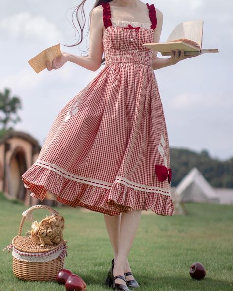 ☺️Elevate your summer wardrobe with our kawaii outfits. 😊Choose your favourite set and elevate your style today! 👉Search 'WAJK-248' on devilinspired.com #devilinspired #kawaiifashion #kawaiiaesthetic #kawaiiaesthetic #summerdresses #summeroutfit #kawaii Cottagecore Dress With Apron, Kawaii Dress Pattern, Cute Dresses Vintage, Red Cottagecore Outfit, Sweet Girl Outfits, Picnic Dress To Impress, Nature Outfits Aesthetic, Cute Picnic Outfits, Picnic Aesthetic Outfit