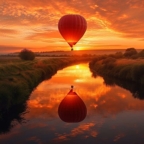 StockCake A serene hot air balloon floats gracefully over a tranquil river at sunset's golden hour. Hot Air Balloon Sunset, Hot Air Balloons Photography, Water Sunset, Balloon Painting, Balloon Flights, Still Water, Shades Of Orange, Hot Air Balloon, Air Balloon