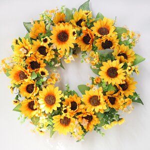 Highland Dunes Preserved 20" Shell Wreath | Wayfair Yellow Flower Wreath, Silk Wreaths, Summer Front Door Wreath, Sunflower Bouquets, Sunflower Wreath, Large Wreath, Artificial Wreath, Wreath Wall, Window Decoration