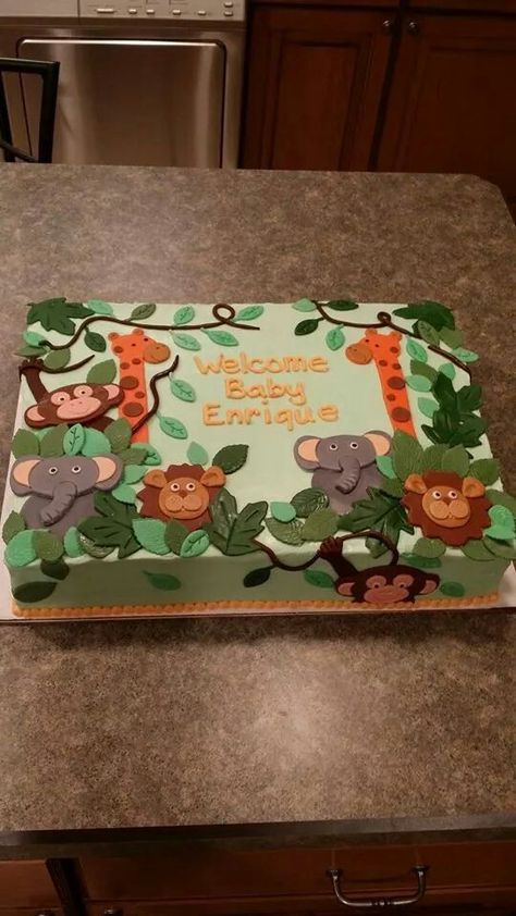 First Birthday Sheet Cake, Birthday Sheet Cake, Baby Shower Sheet Cakes, Jungle Birthday Cakes, Safari Baby Shower Cake, Jungle Theme Cakes, Jungle Theme Birthday Party, Baby Boy Birthday Cake, Jungle Thema