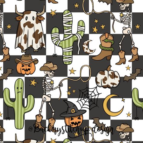 Western Halloween seamless pattern, Cowboy Skeleton digital crafting paper, Cowhide Pumpkin seamless file, Western Pumpkin and Cactus design by BackMyStitchUp on Etsy Seamless Western Pattern, Cow Halloween Wallpaper, Halloween Western Wallpaper, Fall Seamless Pattern, Western Halloween Wallpaper, Halloween Cactus, Cow Pumpkin, Wonderfold Wagon, Western Pumpkin