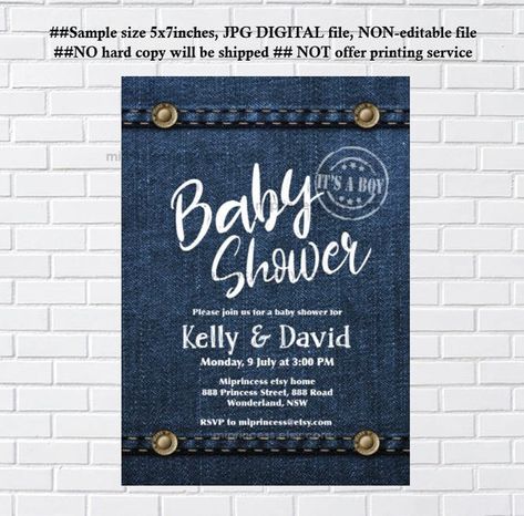 Denim, invitation, Denim baby shower, or Bridal Shower, denim party, party invitation, digital, printable invitation - card 862 Denim Party Invitation, Blue Jean Baby Shower Theme, Denim Baby Shower Ideas, Denim Baby Shower, Baby Shower Invitations Templates, Thank U Cards, Plaid Baby Shower, Crayola Coloring Pages, Denim Party