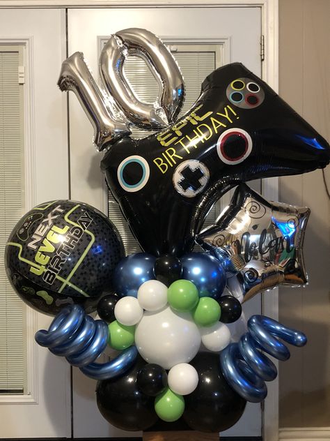 Gaming Balloons, Playstation Decoration Party, Gamer Balloon Bouquet, Gamer Balloons, Fortnite Birthday Balloons, Hockey Birthday, Twin Birthday, Balloon Decorations Party, Balloon Bouquet