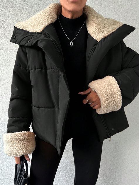 Women's Padded Jacket With Fur CollarI discovered amazing products on SHEIN.com, come check them out! Outerwear Women Winter, Jacket With Fur, Fleece Tights, Stylish Coat, Street Style Trends, Padded Coat, Sweaters And Jeans, Chunky Knits Sweater, Winter Coats Women