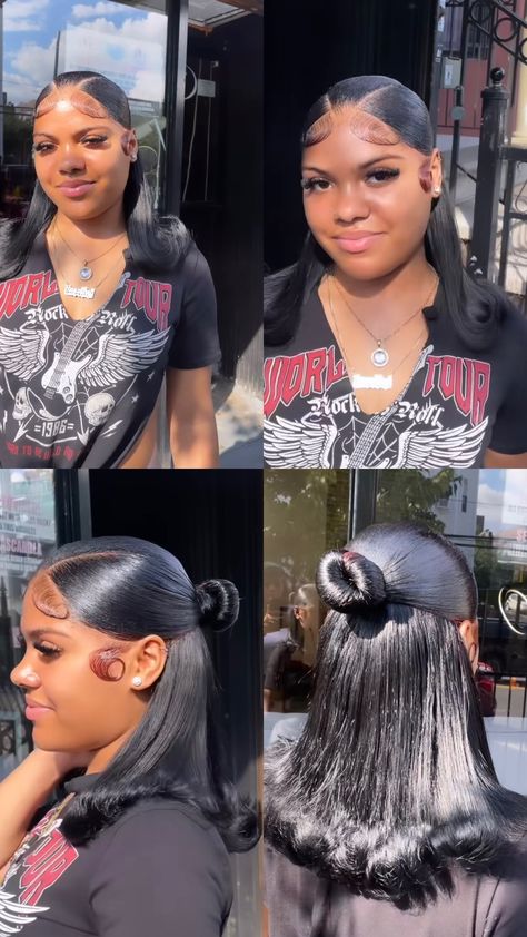 Half Up Down Hairstyles For Black Women, Short Curly Quick Weave Styles Black Women, 12 Inch Quick Weave Hairstyles, Half Up Half Down Hair Black Women Color, Half Up Half Down Curly Bob, How To Style Your Wig, Short Ponytail With Bangs, Half Up Half Down Flipped Ends, Half Up Half Down Short Hair Black Women