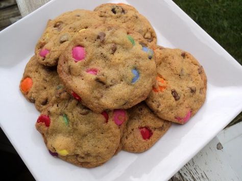 Best cookies I've made yet! Switched vanilla extract for almond and added white chipits too! Mmmm Smartie Cookies, Kitchenaid Recipes, Sw Recipes, Dessert Recipies, Salty Treats, Sale Ideas, Chocolate Cookie Recipes, Holiday Snacks, Just Bake