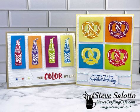 I had a blast making these pop art cards. I'm really kinda stoked by how they came out. It took a few tries before I realized what I needed to do to make it work. Click the link to check out my blog post about it and see a third card. #stevescraftingcafe #stampinup #handmadecards #stampinupcards #cardsofinstagram #dudescrafttoo #cardmaking #stamping #stampinupdemonstrator #cardmakingideas #pretzels #supercool #sodabottles #popart #popartcards Super Cool Stampin Up Cards, Cool Pop Art, Food Cards, Pop Art Images, Stamp Ideas, Cool Pops, Stamping Ideas, Soda Bottles, Art Cards