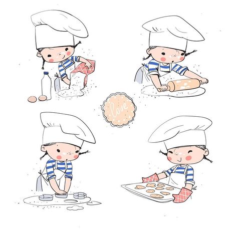 Cooking Sketch, Drawing Cooking Illustrations, Chef Illustration Drawing, Chef Cooking Drawing, Baking Illustration, Cute Chef Illustration, Baker Illustration Baking, Baking Drawing, Cookie Drawing