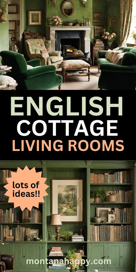 The BEST English Cottage Living Room Ideas | Montana Happy British Country Home Interiors, English Snug Room Ideas, English Storybook Cottage, English Cottage Mantle, English Cottage Style Den, English Rolled Arm Sofa Living Room, Bungalow House Decor Interior Design, Small English Living Room Ideas, Old English Decorating Ideas