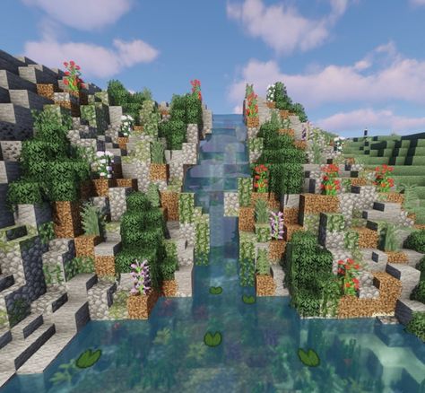 How To Terraform In Minecraft, Minecraft Path Up Mountain, Landscape Ideas Minecraft, Minecraft Spawn Area Ideas, Minecraft Mountain Waterfall, Minecraft River Terraforming, Minecraft Cliffside Terraforming, Minecraft Paths Ideas, Minecraft Natural Staircase