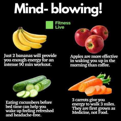 👉🏻 Just 2 bananas will provide you enough energy for an intense 90 min workout. 👉🏻 Apples are more effective in waking you up in the morning than coffee. 👉🏻 Eating cucumbers before bed time can help you wake up feeling refreshed and headache-free. 👉🏻 3 carrots gives energy to walk 3 miles. They are first grown as MEDICINE, not FOOD. Food facts // nutrition facts // fruit facts // healthy fruits #healthyfoods #fruits #fruitislife #healthyfruits #fruitnutrition Fruits That Give You Energy, Healthiest Fruits To Eat, Best Fruits To Eat In The Morning, Fruit Meanings, Best Fruits To Eat, Fruit Facts, Fruit Fast, Fruit Nutrition, Best Time To Eat