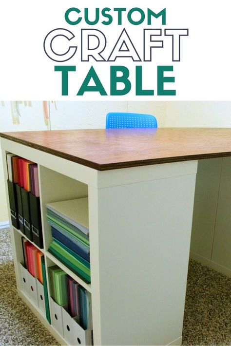 How to make a custom craft table using Ikea Kallax shelves and a tabletop. This is a DIY table that you can make for your craft room. An easy DIY craft tutorial idea. #thecraftyblogstalker #crafttable #customfurniture #diy Craft Tables With Storage, Hobby Table, Craft Room Tables, Ikea Kallax Shelf, Ikea Craft Room, Craft Table Diy, Ikea Crafts, Kallax Shelf, Ikea Kallax