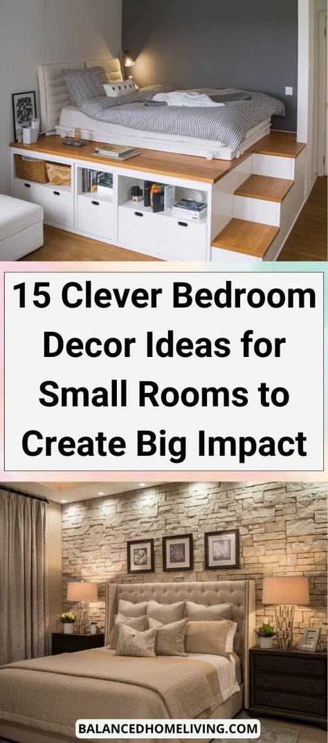 15 Clever Bedroom Decor Ideas for Small Rooms to Create Big Impact Small Bedroom King Bed Layout Storage, Clever Decor, Creative Bedroom Ideas, Stackable Furniture, Cozy Bedroom Design, Home Improvement Show, Sage Green Bedroom, Creative Bedroom, Vintage Farmhouse Kitchen