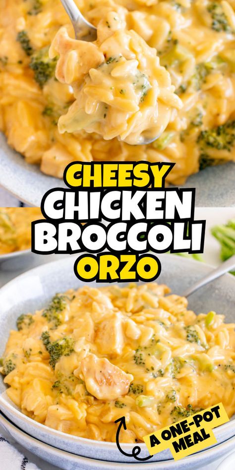 Chicken with broccoli and orzo Chicken And Broccoli Orzo, Chicken Broccoli Orzo, Creamy Chicken Orzo, Orzo Dinner Recipes, Broccoli Orzo, Cheesy Chicken And Broccoli, Cheesy Orzo, Orzo Pasta Recipes, Creamy Orzo