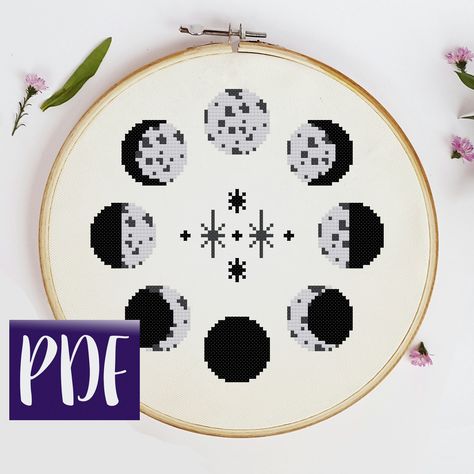 Night Sky Embroidery, Embroidery Black And White, Black And White Cross Stitch, Sky Embroidery, Witch Cross Stitch Pattern, Cross Stitch Easy, Witch Cross Stitch, Moon Cross Stitch, Lunar Phases