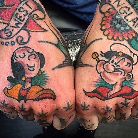 ❤️ #inkedmag Art Vandelay, Popeye Tattoo, Popeye And Olive, Sailor Jerry Tattoos, Popeye The Sailor Man, Traditional Style Tattoo, Knuckle Tattoos, Olive Oyl, Retro Tattoos