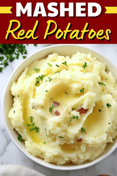 These mashed red potatoes are as good as it gets! Made with butter, milk, and sour cream, they're a dreamy side dish everyone will love. Mash Red Potato Recipes, Red Bliss Mashed Potatoes, Creamed Red Potatoes, Mashed Potatoes Recipe Red Potato, Mush Potatoes Recipes, Baby Red Mashed Potatoes, Mashed Potatoes Recipe Sour Cream, Ranch Red Potatoes, Mashed Red Potatoes Recipe