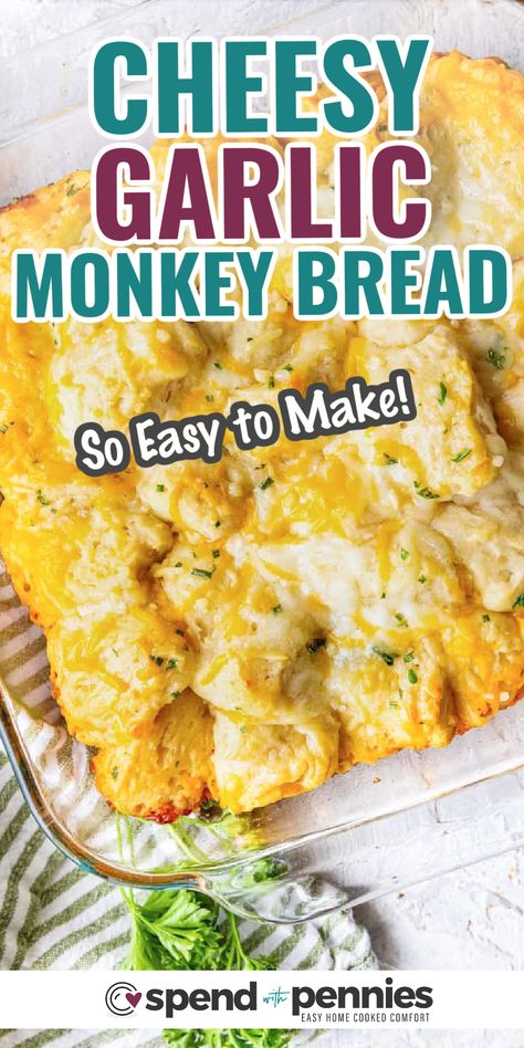 This easy cheesy pull apart bread is the perfect appetizer for a crowd! Loaded with garlic, butter, and cheese, garlic monkey bread is the ultimate snack for game day or a potluck. #cheesypullapartbread #garlicmonkeybread #appetizer #spendwithpennies Garlic Pull Apart Bread Biscuits, Cheesy Garlic Monkey Bread, Cheese Monkey Bread, Garlic Monkey Bread, Biscuit Monkey Bread, Cheesy Garlic Biscuits, Appetizer For A Crowd, Savory Monkey Bread, Pull Apart Garlic Bread