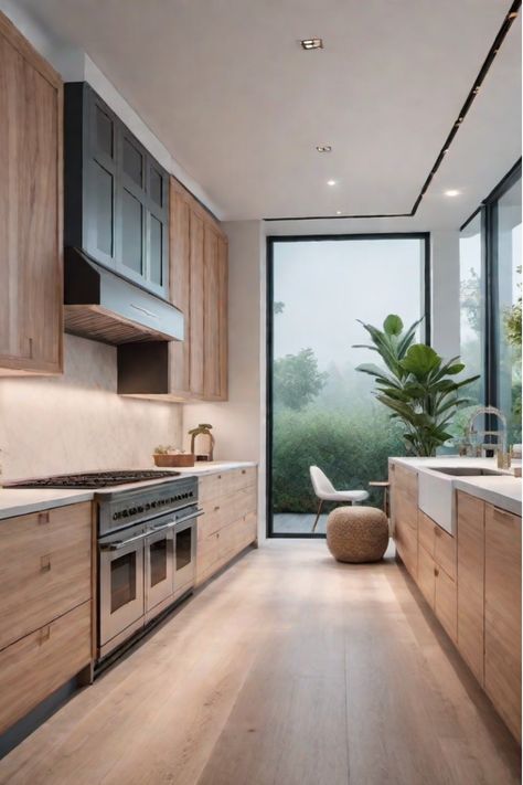 Galley kitchen with light wood cabinets Kitchen Design Dark Wood Floor, Light Filled Kitchen, Minimalist Galley Kitchen, Small Nyc Kitchen, Floor To Ceiling Kitchen Cabinets, Light Grey Countertops, Kitchen Cabinets Light Wood, Modern Galley Kitchen Ideas, Luxury Apartment Kitchen