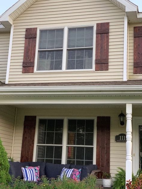 Set of 2 Exterior Board & Batten Shutters Wood Shutters | Etsy Yellow House With Wood Shutters, Brown Shutters, Shutters Window, Farmhouse Shutters, Tan House, Window Shutters Exterior, Outdoor Shutters, Rustic Shutters, Cedar Shutters