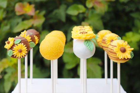 Sunflower Treat Table, Sunflower Cake Pops, Sunflower Themed Treats, Sunflower Cake Pop Ideas, Sunflower Cakepops, Daisy Theme Cake Pops, Cake Pop Bee Theme, Diy Cake Recipes, Bee Cake Pops