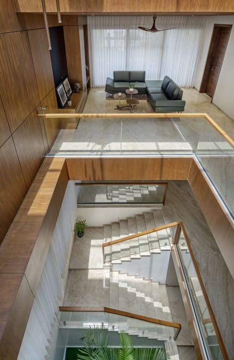 House Design Creates Balance Between Solid And Void| Between Spaces - The Architects Diary Void Design, Skylight Design, Ceiling Design Ideas, House Design Pictures, Staircase Railings, Double Height, Ground Floor Plan, Space Architecture, Roof Design