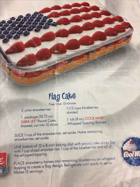 Flag Cake | Flag cake recipe, How sweet eats, Sara lee pound cake Flag Cake With Pound Cake, Flag Cakes American, Flag Cake With Fruit, Jello Flag Cake, Flag Cake Ideas, 4th Of July Flag Cake, Flag Cake Recipe, Flag Desserts, Sara Lee Pound Cake