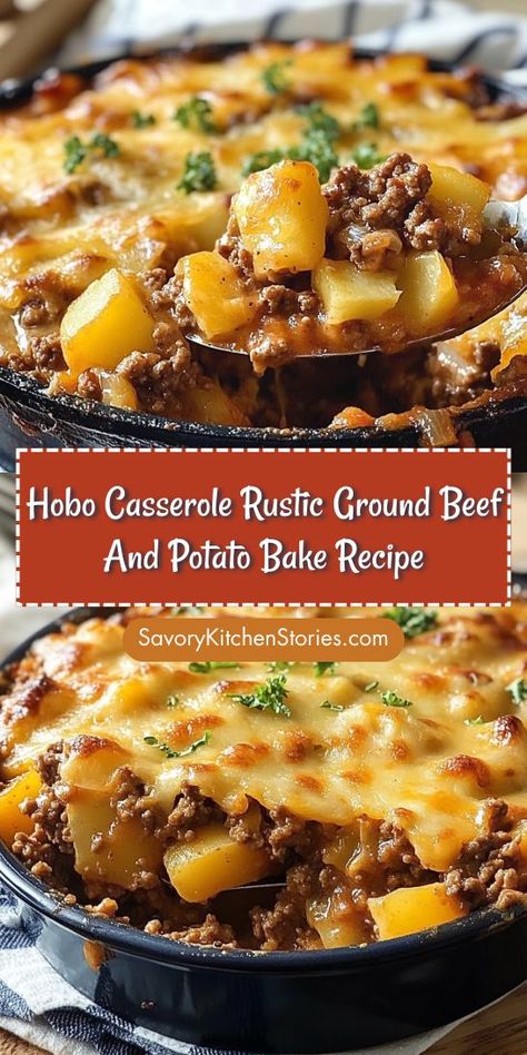 Enjoy a delicious twist on classic comfort food with Hobo Casserole Rustic Ground Beef and Potato Bake Recipe. This satisfying dish combines ground beef, hearty potatoes, and spices for a delightful meal the whole family will love. Perfect for cozy nights, this ground beef recipe is a true crowd-pleaser! Hobo Casserole, Potato Bake Recipe, Ground Beef Recipe, Ground Beef And Potatoes, Dinner Rotation, Potato Bake, French Fried Onions, Beef And Potatoes, Ground Beef Casserole